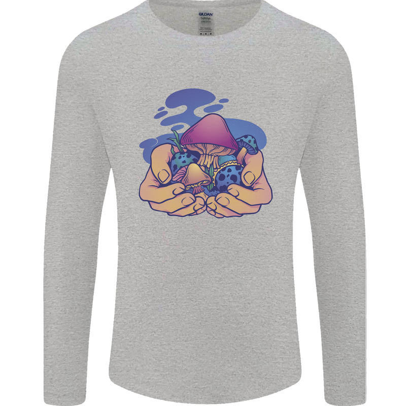 Magic Mushroom Hands Mycology Trippy Mens Long Sleeve T-Shirt Sports Grey