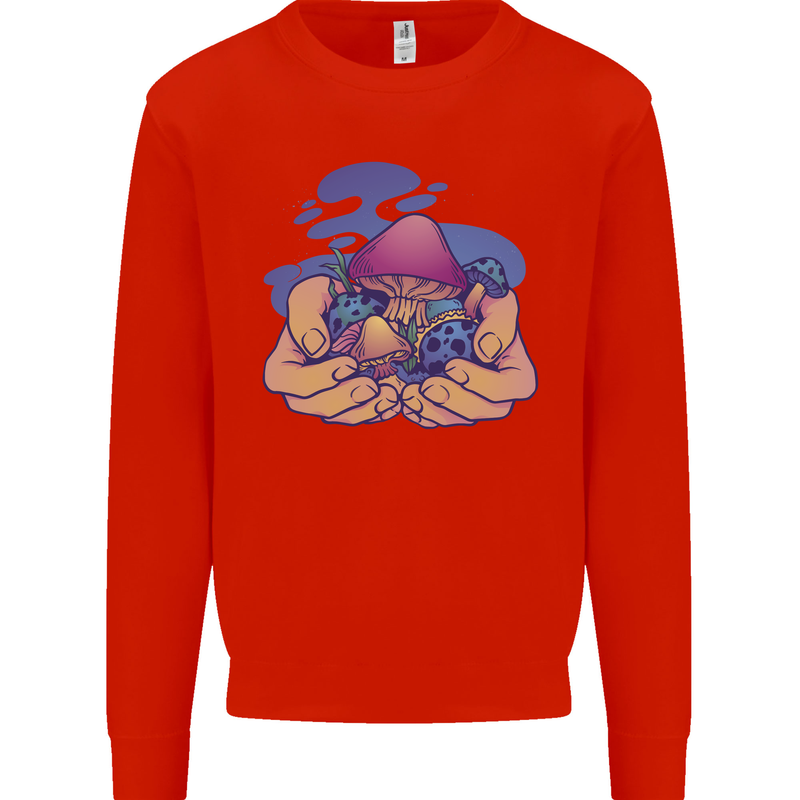 Magic Mushroom Hands Mycology Trippy Mens Sweatshirt Jumper Bright Red