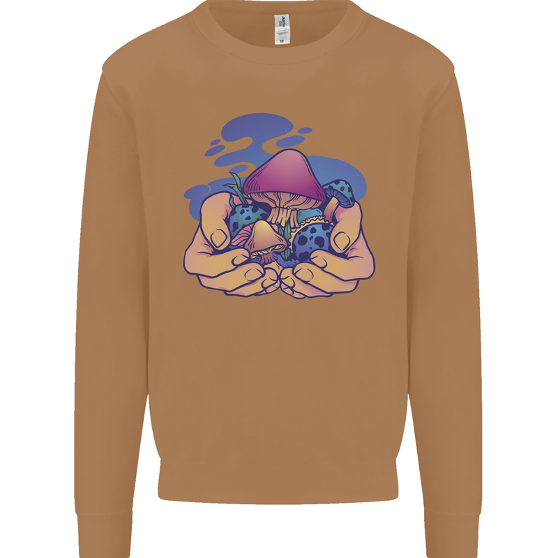 Magic Mushroom Hands Mycology Trippy Mens Sweatshirt Jumper Caramel Latte
