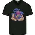 Magic Mushroom Hands Mycology Trippy Mens V-Neck Cotton T-Shirt Black