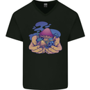 Magic Mushroom Hands Mycology Trippy Mens V-Neck Cotton T-Shirt Black