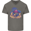 Magic Mushroom Hands Mycology Trippy Mens V-Neck Cotton T-Shirt Charcoal
