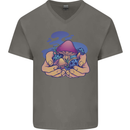 Magic Mushroom Hands Mycology Trippy Mens V-Neck Cotton T-Shirt Charcoal