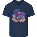 Magic Mushroom Hands Mycology Trippy Mens V-Neck Cotton T-Shirt Navy Blue
