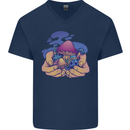 Magic Mushroom Hands Mycology Trippy Mens V-Neck Cotton T-Shirt Navy Blue
