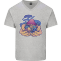 Magic Mushroom Hands Mycology Trippy Mens V-Neck Cotton T-Shirt Sports Grey