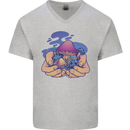 Magic Mushroom Hands Mycology Trippy Mens V-Neck Cotton T-Shirt Sports Grey