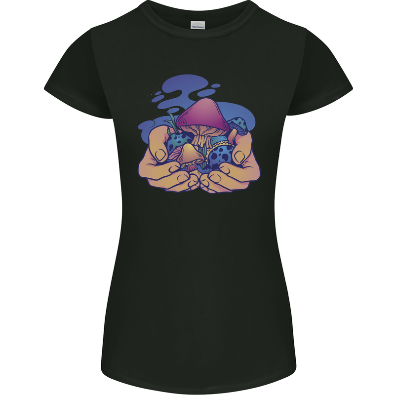 Magic Mushroom Hands Mycology Trippy Womens Petite Cut T-Shirt Black