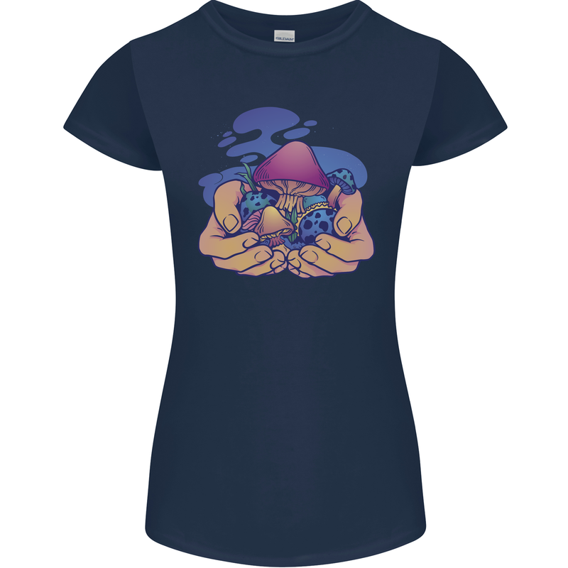 Magic Mushroom Hands Mycology Trippy Womens Petite Cut T-Shirt Navy Blue