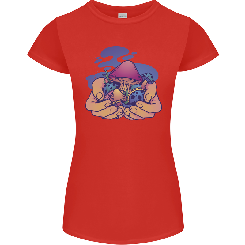 Magic Mushroom Hands Mycology Trippy Womens Petite Cut T-Shirt Red