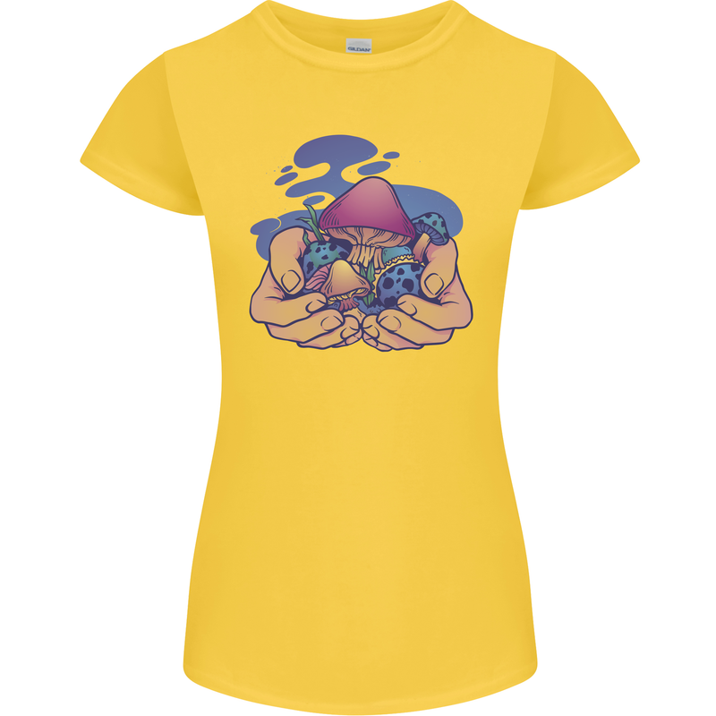 Magic Mushroom Hands Mycology Trippy Womens Petite Cut T-Shirt Yellow