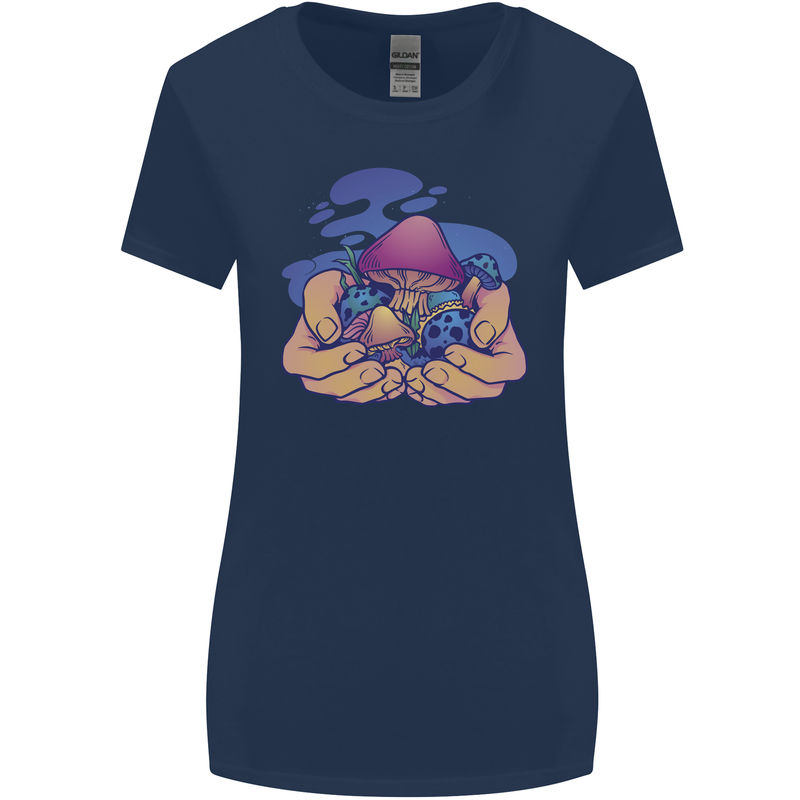 Magic Mushroom Hands Mycology Trippy Womens Wider Cut T-Shirt Navy Blue