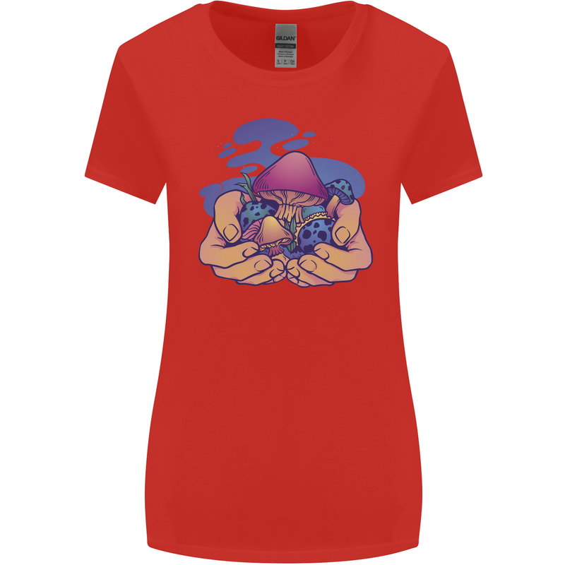 Magic Mushroom Hands Mycology Trippy Womens Wider Cut T-Shirt Red