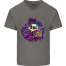 Magic Mushroom Skull LSD Hallucinogenic Mens V-Neck Cotton T-Shirt Charcoal