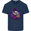 Magic Mushroom Skull LSD Hallucinogenic Mens V-Neck Cotton T-Shirt Navy Blue