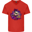 Magic Mushroom Skull LSD Hallucinogenic Mens V-Neck Cotton T-Shirt Red