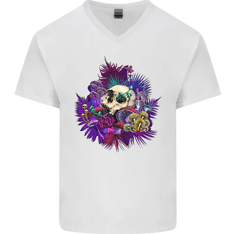Magic Mushroom Skull LSD Hallucinogenic Mens V-Neck Cotton T-Shirt White