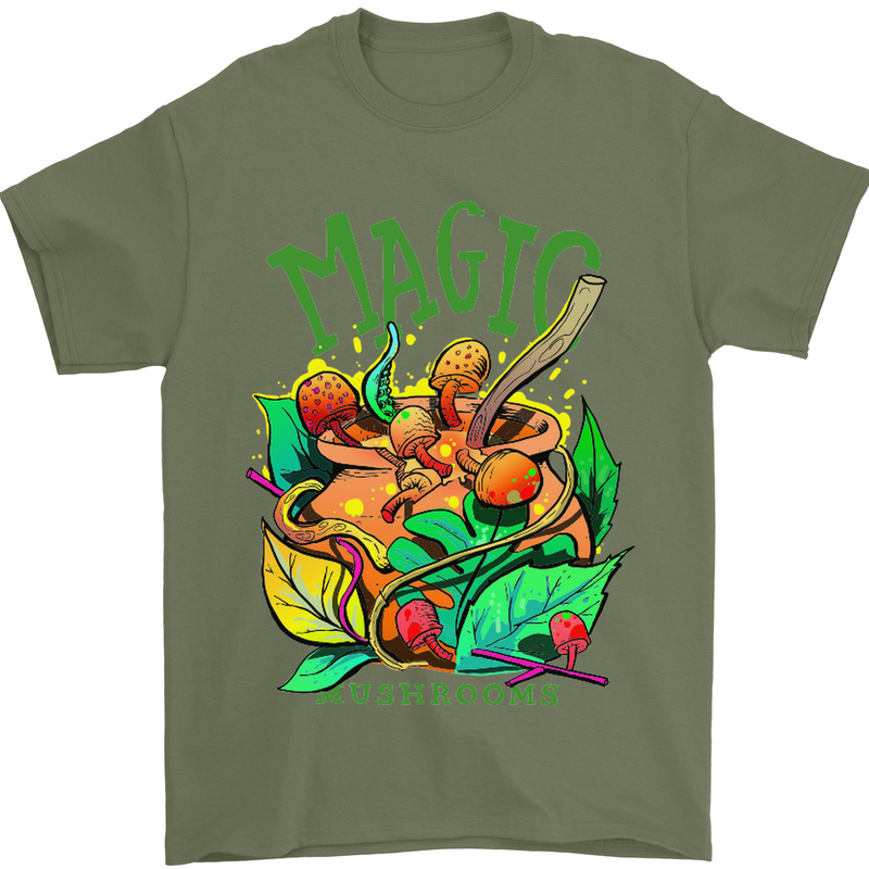Magic Mushrooms Drugs LSD Acid Trip Mens T-Shirt Cotton Gildan Military Green