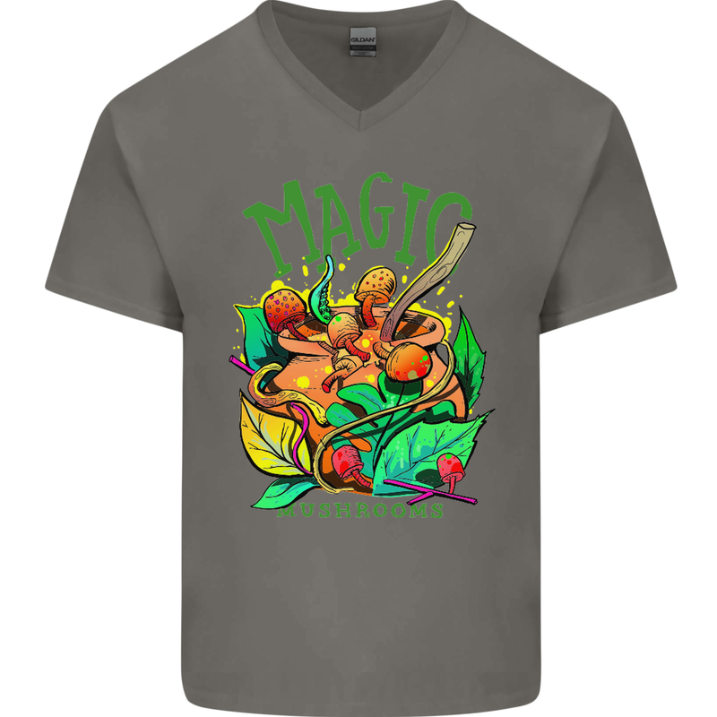 Magic Mushrooms Drugs LSD Acid Trip Mens V-Neck Cotton T-Shirt Charcoal