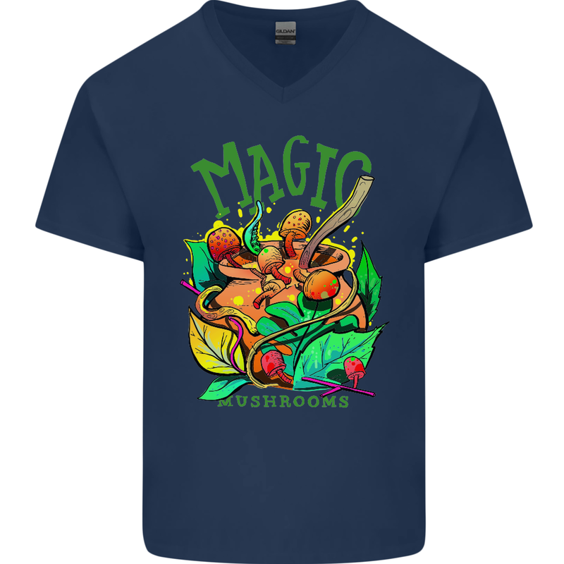 Magic Mushrooms Drugs LSD Acid Trip Mens V-Neck Cotton T-Shirt Navy Blue