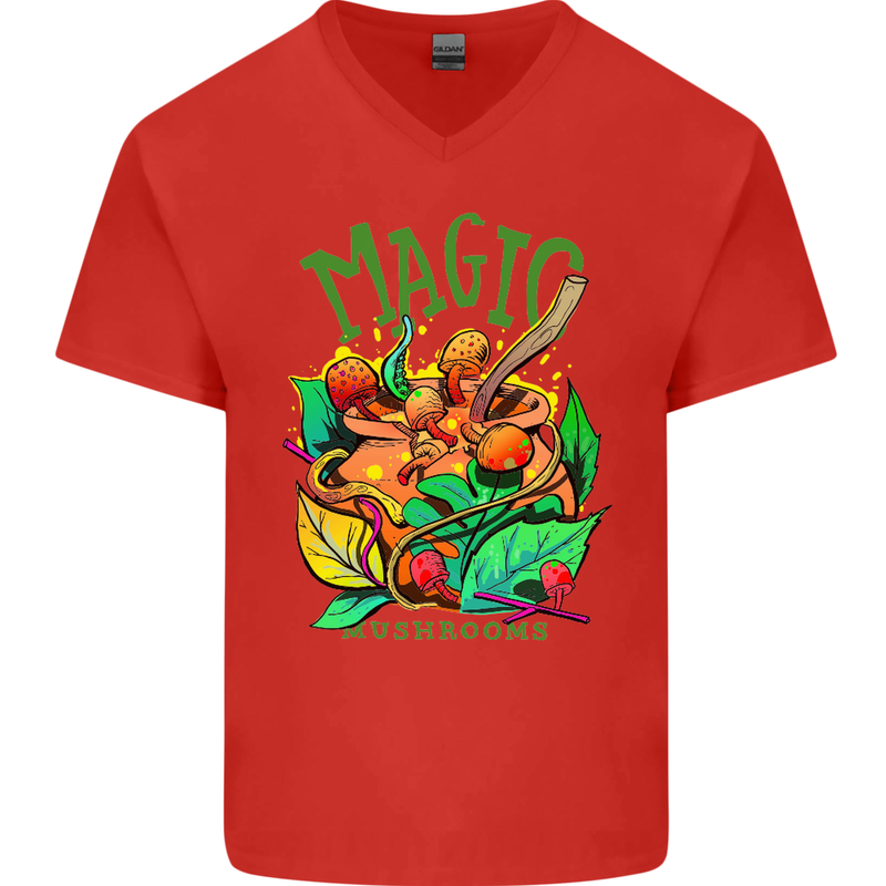 Magic Mushrooms Drugs LSD Acid Trip Mens V-Neck Cotton T-Shirt Red