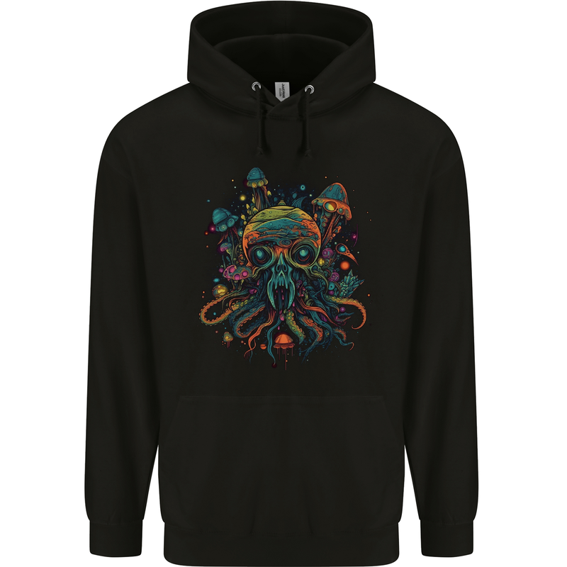 Magic Mushrooms Trippy Alien Octopus Cthulhu Childrens Kids Hoodie Black