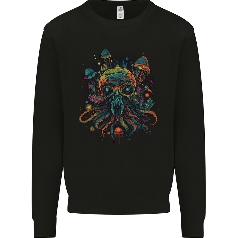 Magic Mushrooms Trippy Alien Octopus Cthulhu Kids Sweatshirt Jumper Black