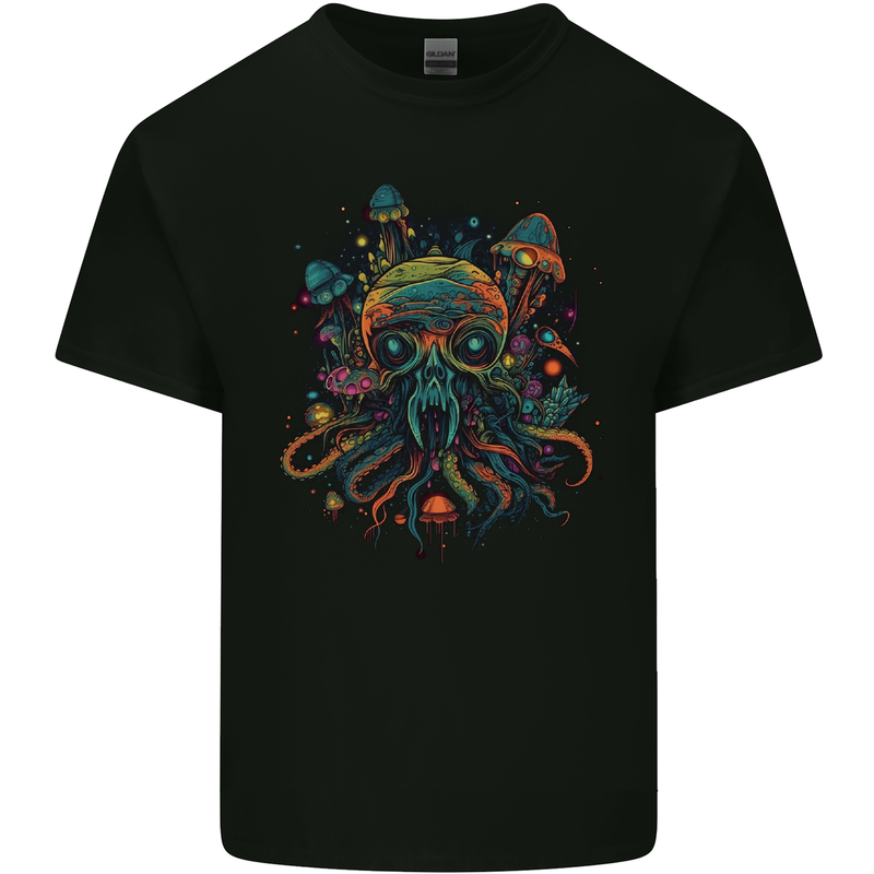 Magic Mushrooms Trippy Alien Octopus Cthulhu Kids T-Shirt Childrens Black