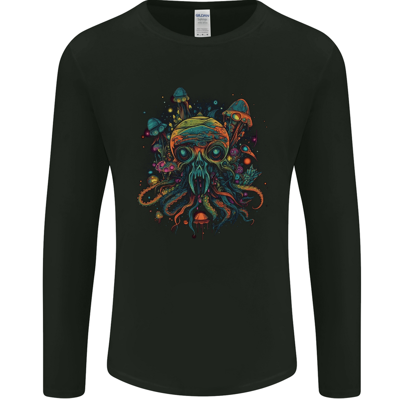 Magic Mushrooms Trippy Alien Octopus Cthulhu Mens Long Sleeve T-Shirt Black