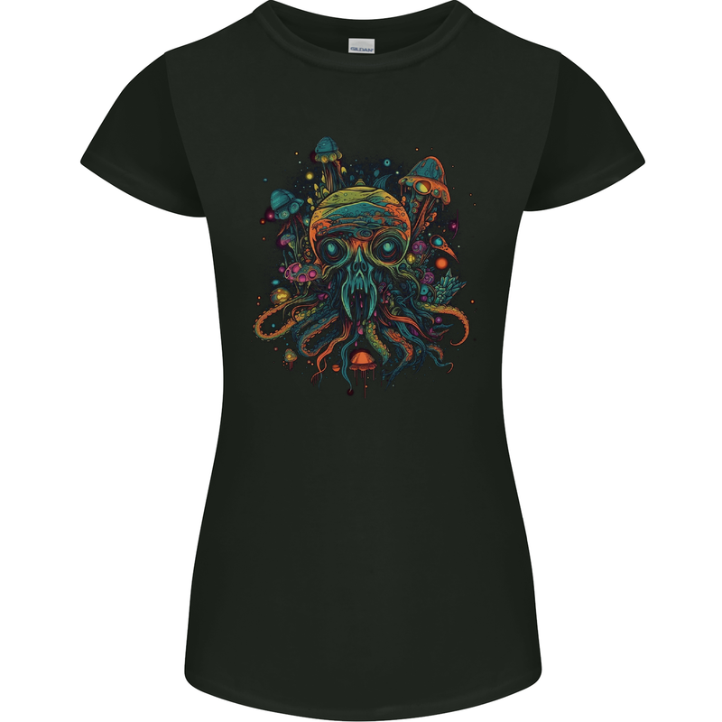Magic Mushrooms Trippy Alien Octopus Cthulhu Womens Petite Cut T-Shirt Black