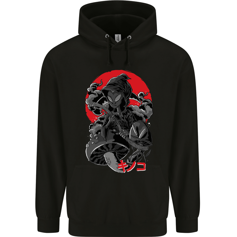 Magic Mushrooms Weed Japanese Alien Childrens Kids Hoodie Black