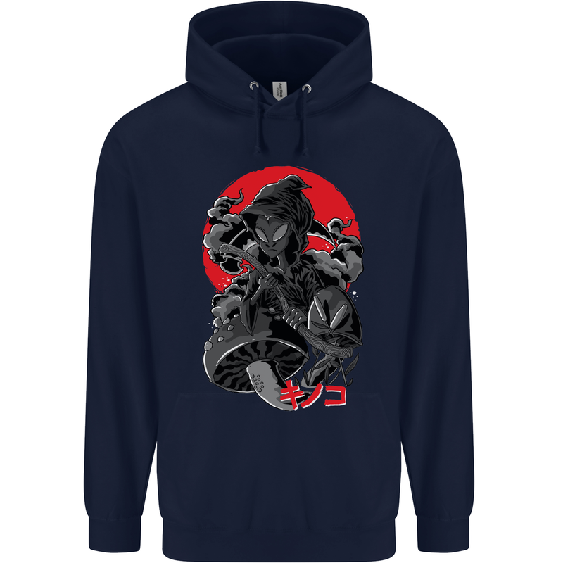 Magic Mushrooms Weed Japanese Alien Childrens Kids Hoodie Navy Blue