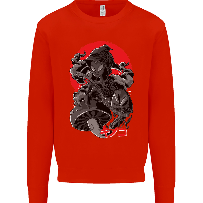 Magic Mushrooms Weed Japanese Alien Kids Sweatshirt Jumper Bright Red