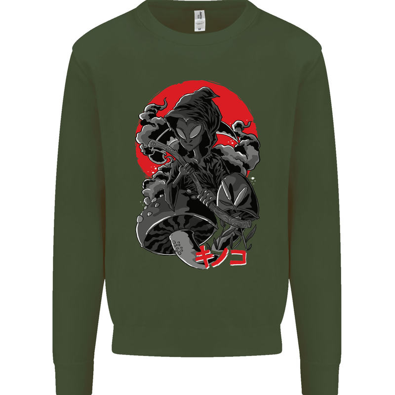 Magic Mushrooms Weed Japanese Alien Kids Sweatshirt Jumper Forest Green
