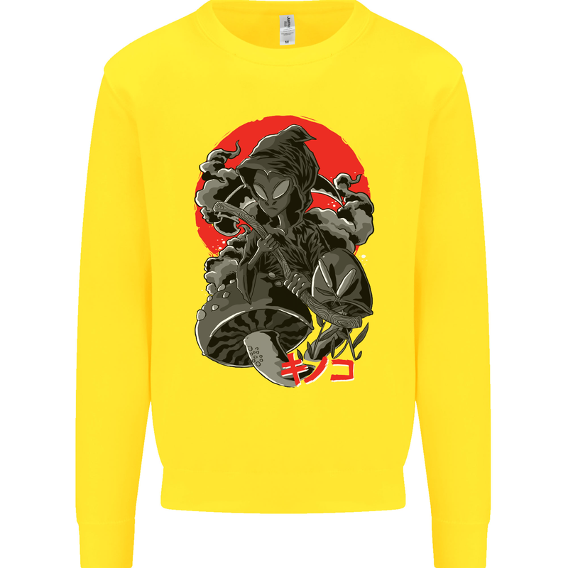 Magic Mushrooms Weed Japanese Alien Kids Sweatshirt Jumper Yellow