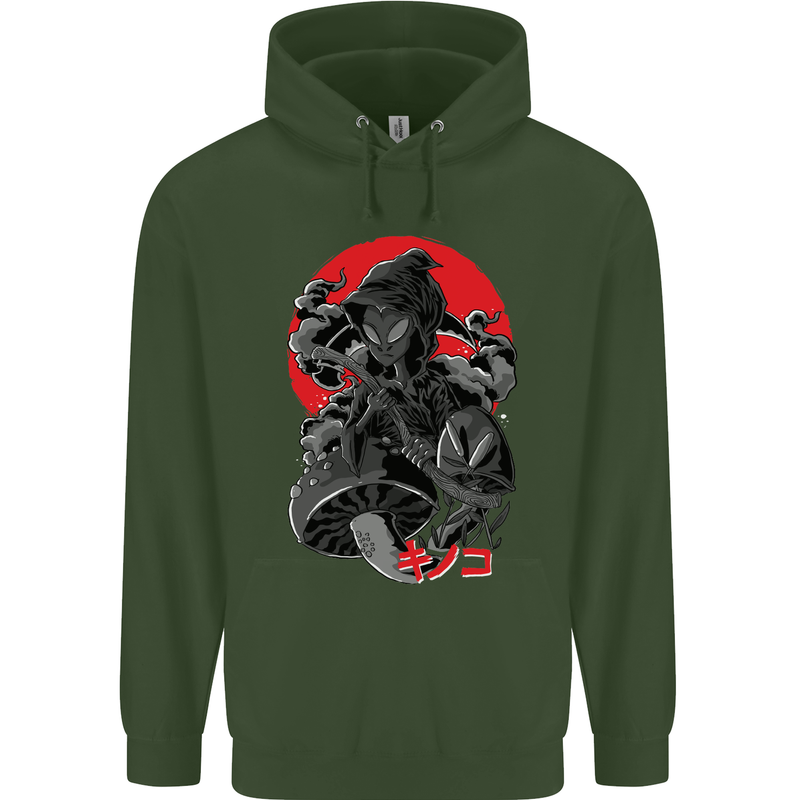Magic Mushrooms Weed Japanese Alien Mens 80% Cotton Hoodie Forest Green