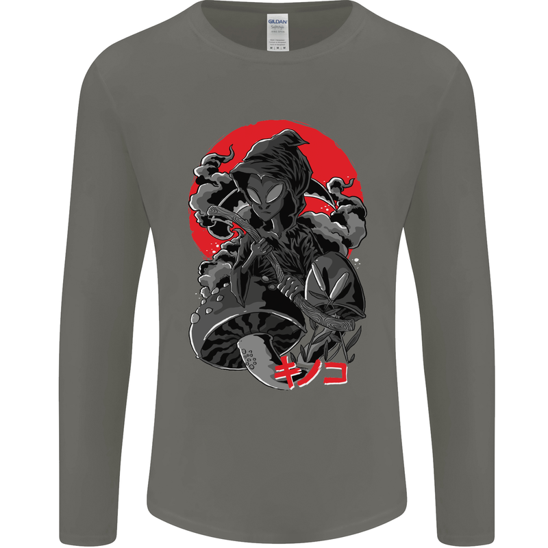 Magic Mushrooms Weed Japanese Alien Mens Long Sleeve T-Shirt Charcoal