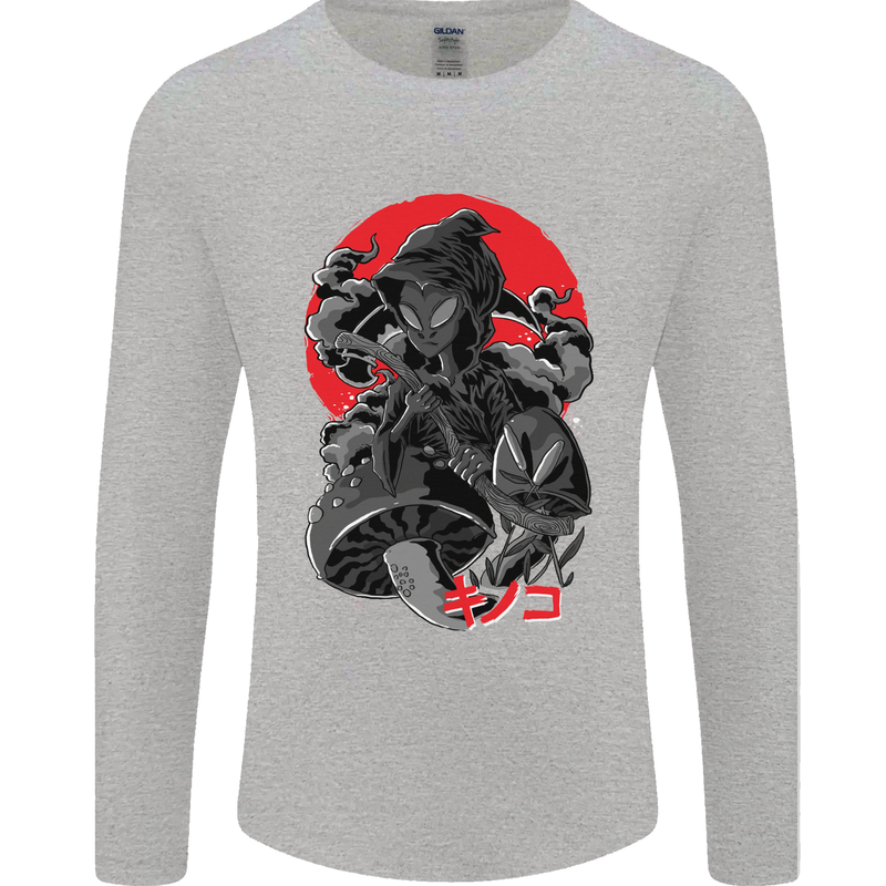 Magic Mushrooms Weed Japanese Alien Mens Long Sleeve T-Shirt Sports Grey