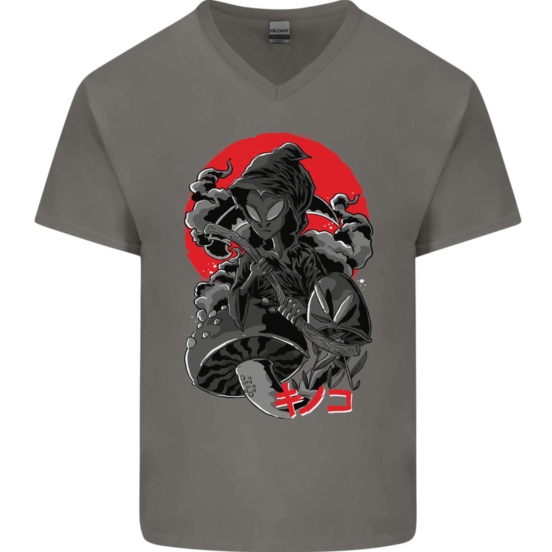 Magic Mushrooms Weed Japanese Alien Mens V-Neck Cotton T-Shirt Charcoal