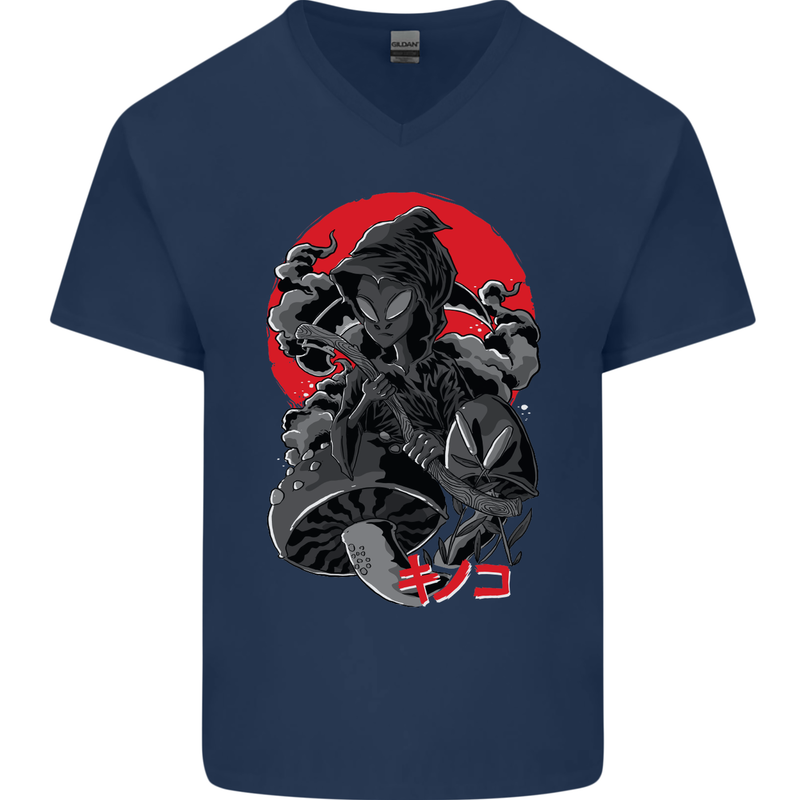 Magic Mushrooms Weed Japanese Alien Mens V-Neck Cotton T-Shirt Navy Blue