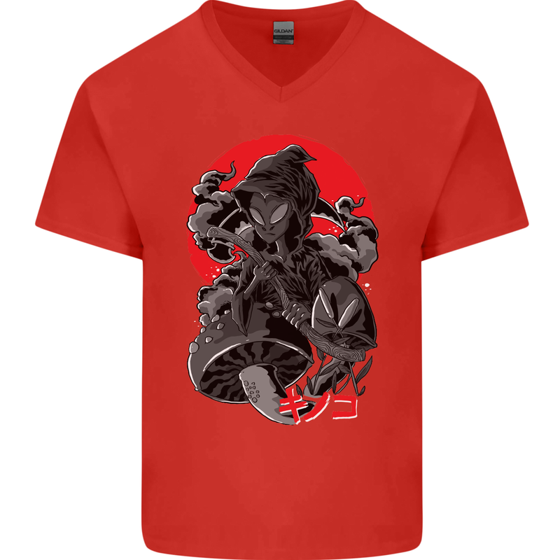 Magic Mushrooms Weed Japanese Alien Mens V-Neck Cotton T-Shirt Red