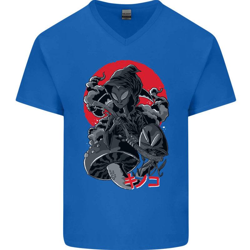 Magic Mushrooms Weed Japanese Alien Mens V-Neck Cotton T-Shirt Royal Blue