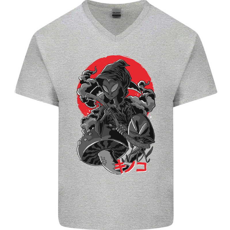 Magic Mushrooms Weed Japanese Alien Mens V-Neck Cotton T-Shirt Sports Grey