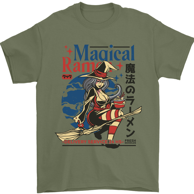 Magical Ramen Noodles Witch Halloween Mens T-Shirt Cotton Gildan Military Green