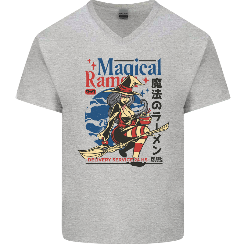 Magical Ramen Noodles Witch Halloween Mens V-Neck Cotton T-Shirt Sports Grey