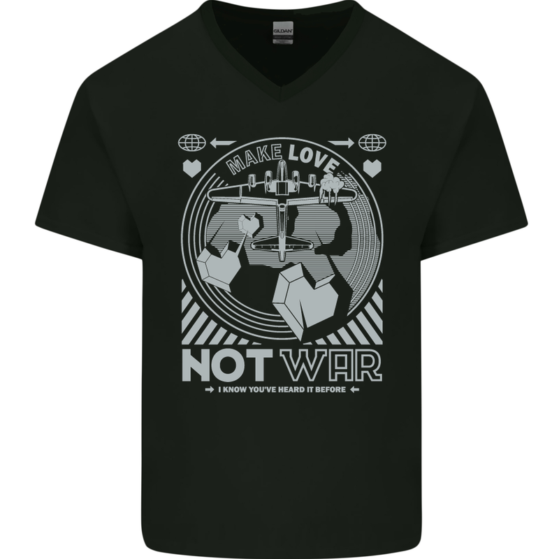 Make Love Not War World Peace Anti Mens V-Neck Cotton T-Shirt Black