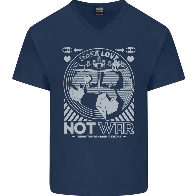 Make Love Not War World Peace Anti Mens V-Neck Cotton T-Shirt Navy Blue