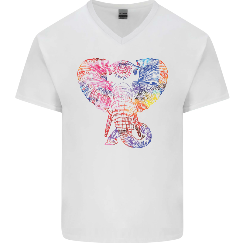 Mandala Art Elephant Contemporary Mens V-Neck Cotton T-Shirt White
