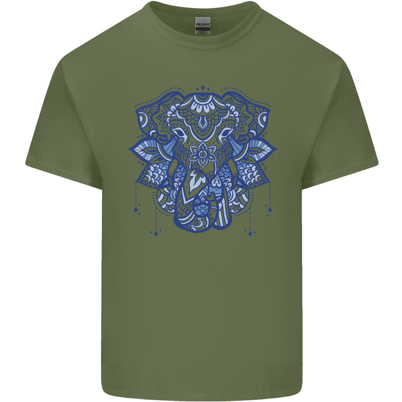 Mandala Art Elephant Mens Cotton T-Shirt Tee Top Military Green