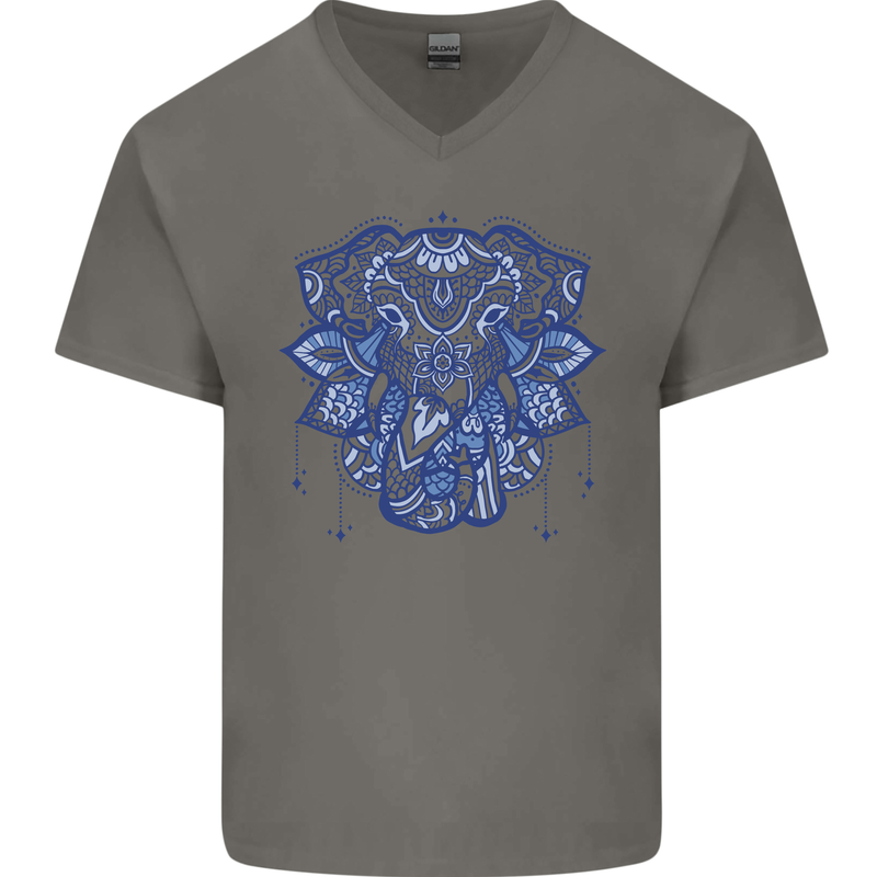 Mandala Art Elephant Mens V-Neck Cotton T-Shirt Charcoal
